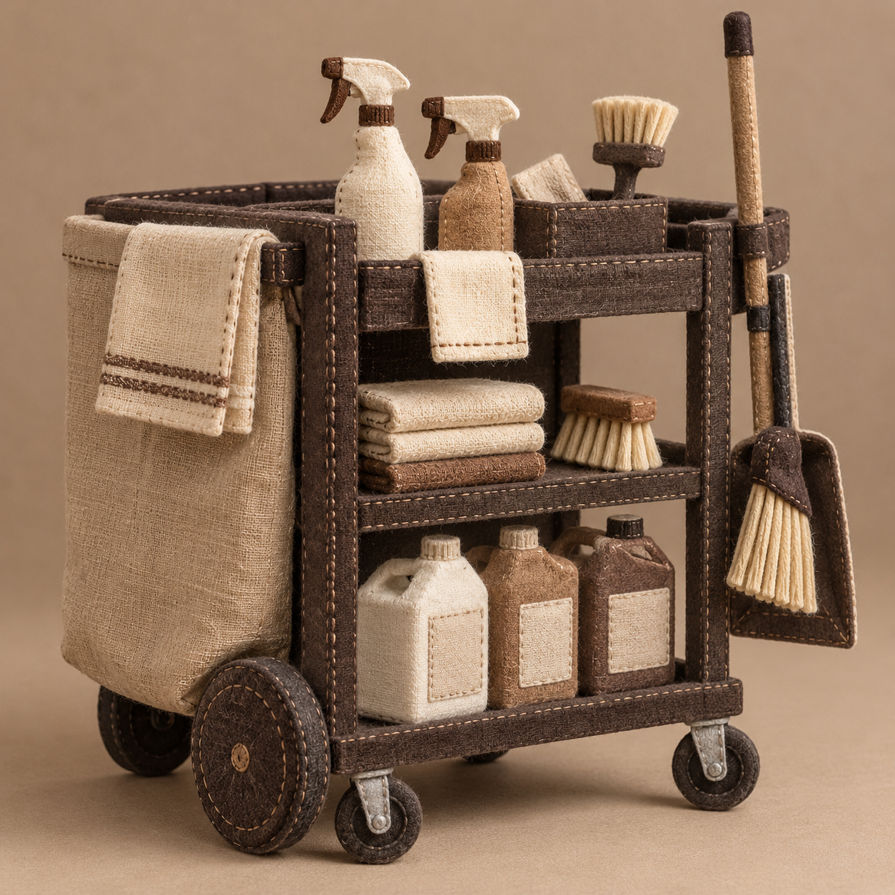 Illustration of commercial cleaning supply room: a clean service trolley, brushes, refill containers